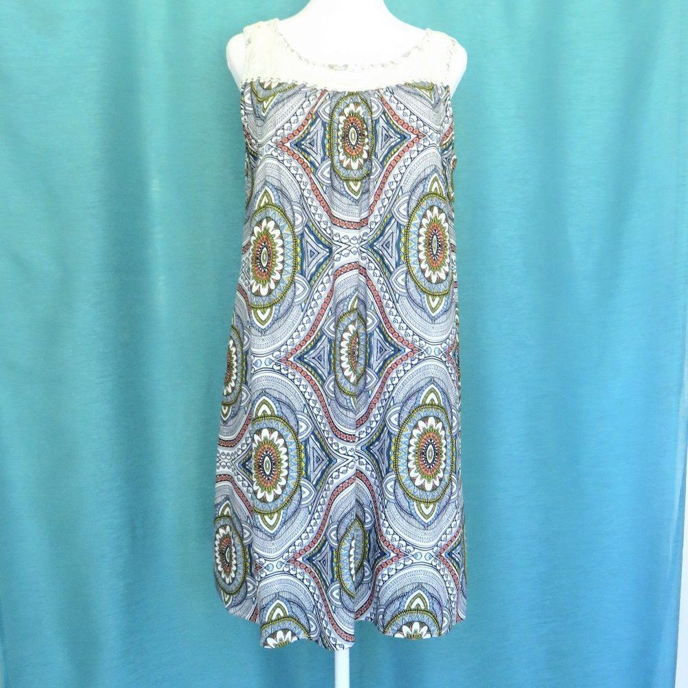 Blue Print Summer Dress with Lace Yoke Blue and Orange ....726